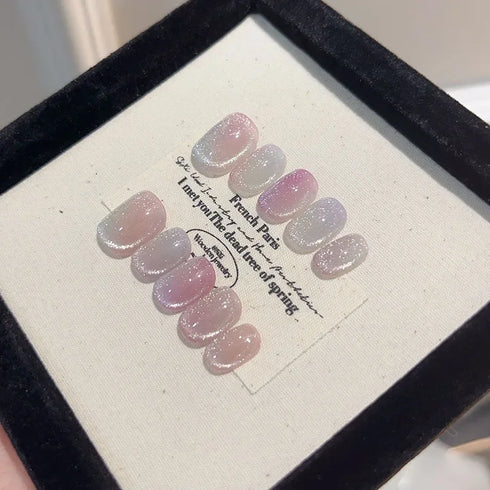 10-Piece Cat Eye Press-On Nail Set - Short Candy Halo Acrylic False Nails for Summer Parties, Full Cover Ballerina Style with Glue, Perfect for Nail Art and Professional Use