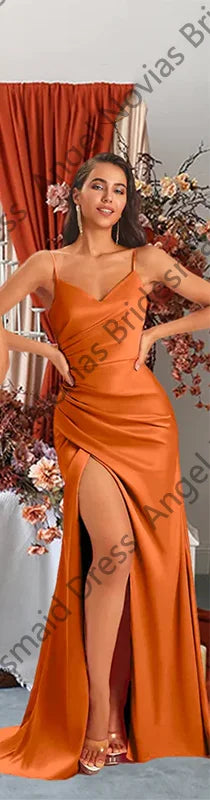 Bridesmaid Dress Elegant Long Split Satin Trumpet Sheath With Corset Back And Ruched Details Wedding Dress