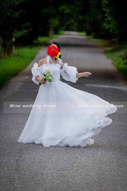 Customized Boat Neck Detachable Puff Sleeve A-Line Wedding Dresses