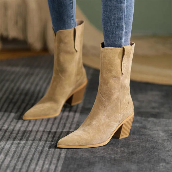 Autumn Winter Women's Pointed Toe Chunky Heel Short Boots