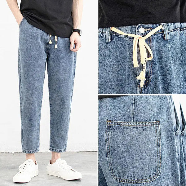 Elastic Waist Drawstring Jeans Mens Jeans Casual Tapered Fit