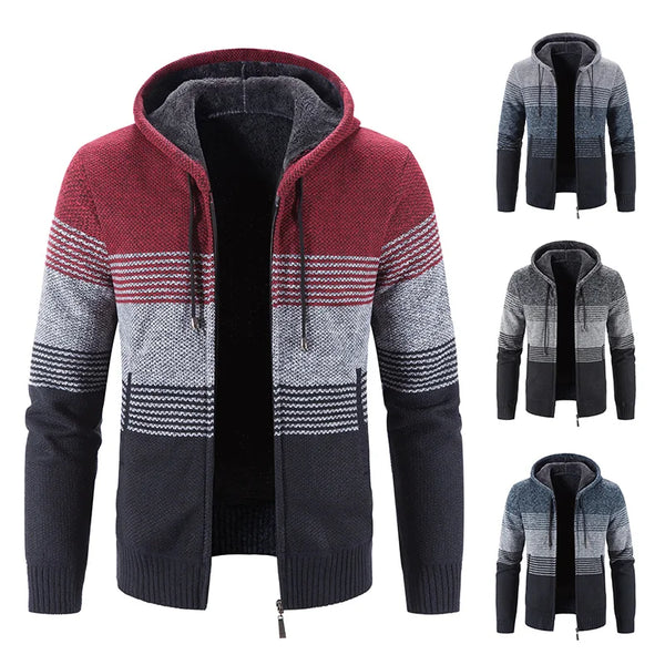 Stylish Men's Fleece Hoodie Coat for Autumn and Winter - Korean Striped Casual Jacket with Pockets and Turn-Down Collar for Everyday Wear