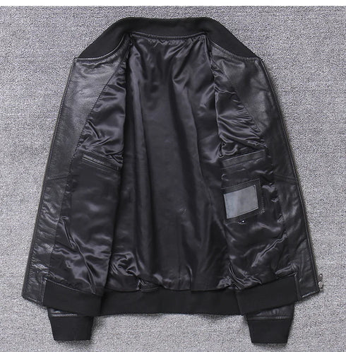 Stylish Casual Men's Bomber Jacket in Genuine Cowhide Leather - Perfect Spring and Autumn Outerwear with Full Sleeves and Zipper Closure