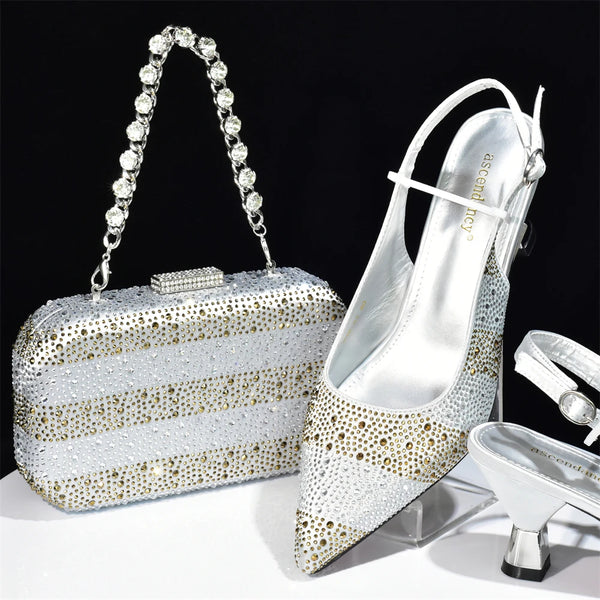 Elegant African Fashion Evening Party Shoes and Bag Set with Stone Accents for Women