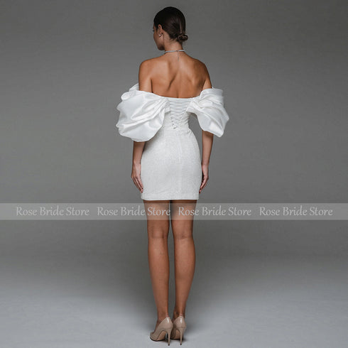 Short Wedding Dress for Bride Off the Shoulder Mini Gown Sheath Backless Glitter Bridal Dress