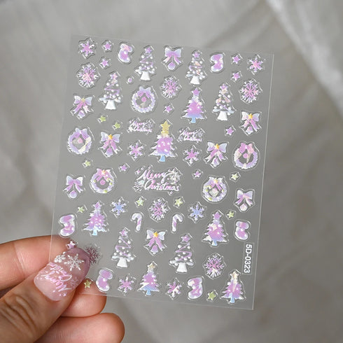 Adorable Pink Christmas Nail Art Stickers with Shiny Shells, Cute Snowflakes, Stars, and Wreaths - 5D Embossed Nail Decorations for Festive Nail Designs
