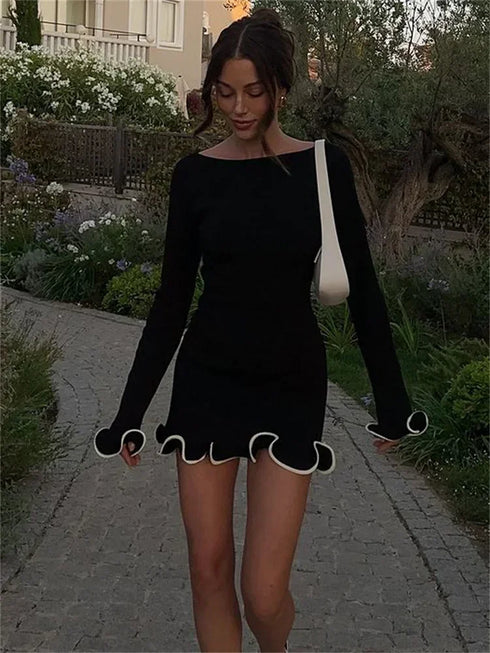 Women's Knit Mini Dress Ruffled Autumn High Waist Elegant Slim Party Dress Patchwork Knitwear