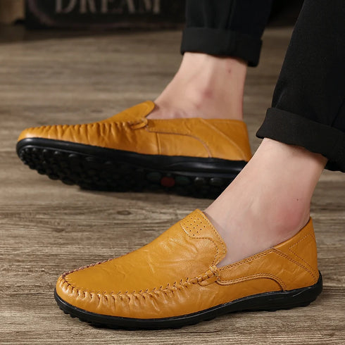 Luxury Genuine Leather Men's Casual Slip-On Loafers, Italian Moccasins, Breathable and Comfortable Boat Shoes in Plus Sizes 46 and 47