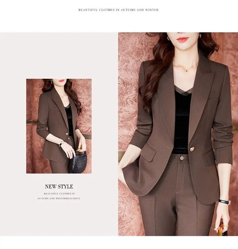 Korean Elegant Casual Blazer Coat and Flare Pants Two-Piece Women's Suit Set for Autumn/Winter Fashion