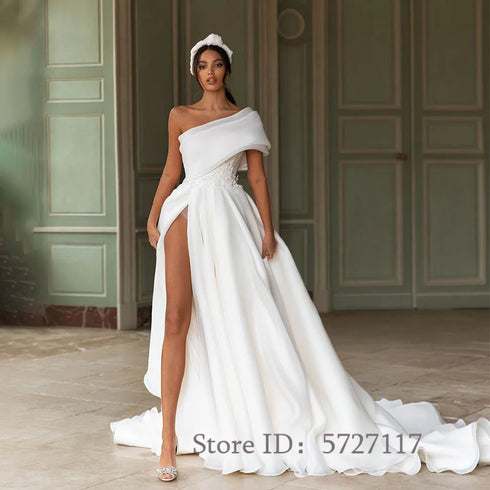 Elegant Appliques One Shoulder Wedding Dresses A-Line Bride Gow with Bow Long Train