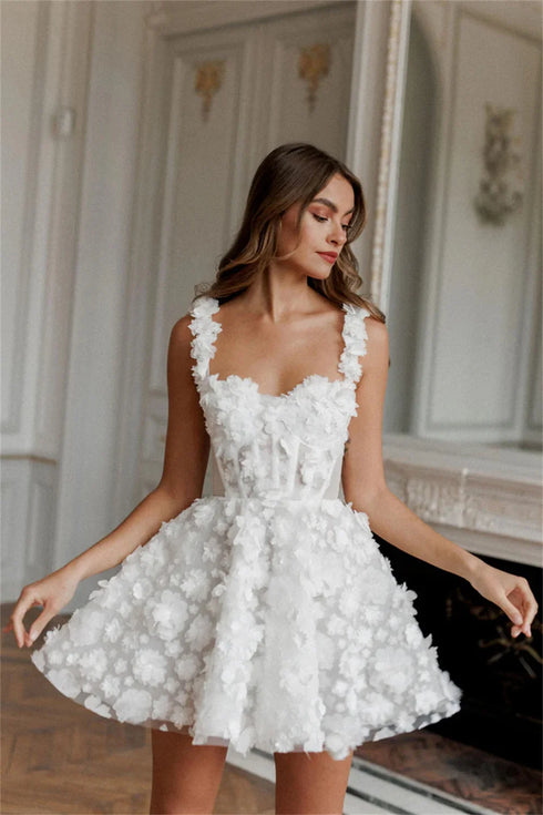 Modern Two Straps Full Lace Flower Short Mini Wedding Dresses