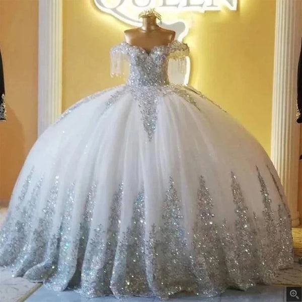 Off Shoulder Ball Gown Wedding Dress With Glittering Appliques Tulle Corset Floor Length