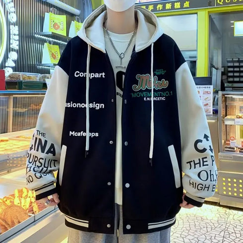 Men's Casual Hooded Jacket M-6XL - Spring and Autumn Korean Fashion Loose Fit Coat with Baseball Jersey Style and Letter Pattern
