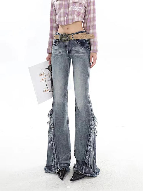 American Retro Y2K Flare Jeans for Women - Trendy Scratched Slim Bell Bottoms Perfect for Fall Outfits with Jeans and Hip Hop High Street Style