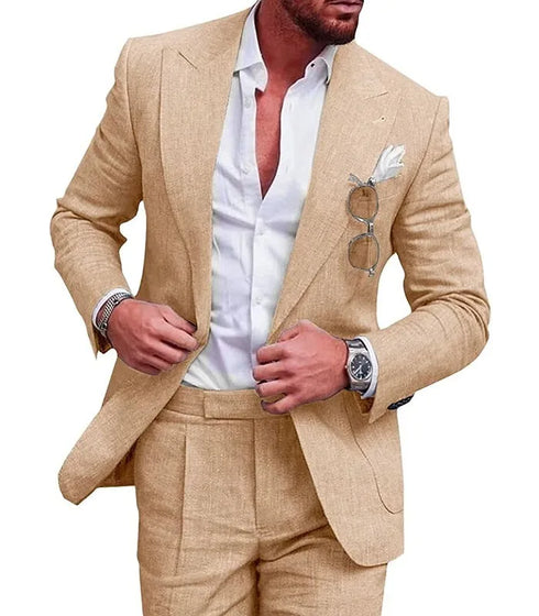 Elegant Men's Linen Suit Set - 2 Piece One Button Slim Fit for Smart Casual Events and Year-Round Style
