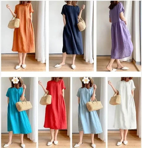Loose Fit Slimming Cotton Linen Dress for Women Summer Plus Size Mid-Length Skirt