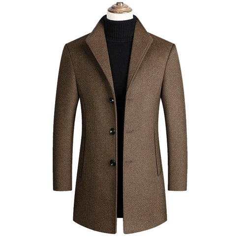 Customizable Casual Warm Winter Wool Coat for Men - Thick Solid Color Double Breasted Outerwear with Turn-down Collar and Full Sleeve Design