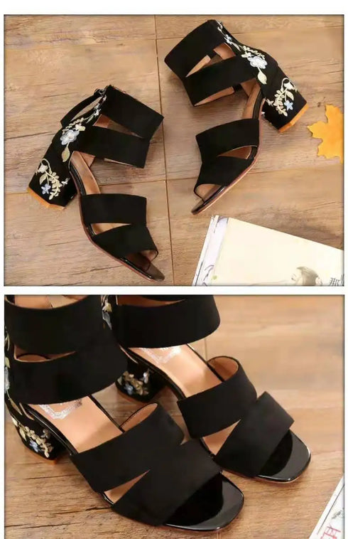 Embroidered Vintage Mid Heel Summer Sandals For Women
