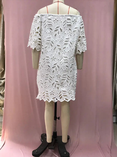 Summer Chic Off Shoulder Loose Dress Cute Sweet Style Girls Flower Lace Retro Vintage Cotton Blends Midi Dress