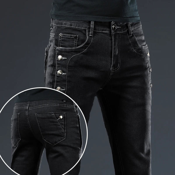 Men Slim Button Black Skinny Jeans Solid Color Stretch Skateboard Denim Pants