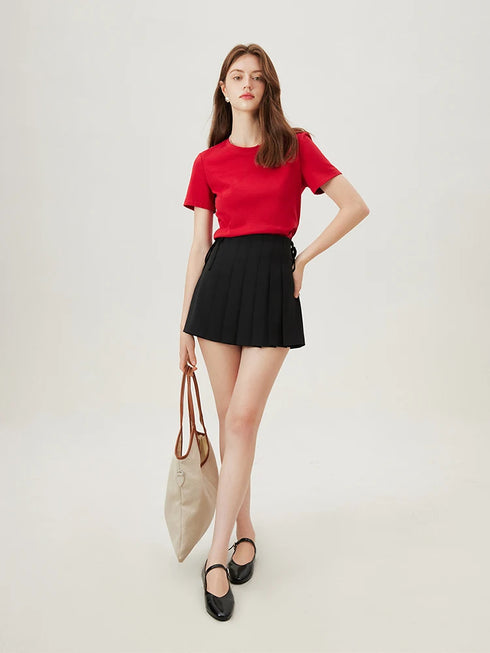 FSLE【4 Colors】Women Round Neck Casual Grey Summer T-Shirt Black Cotton Square Neck Short Sleeve Elastic Tees 24FS12797+24FS12798