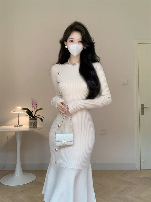 Korean Chic French Knitted Dress Women Long Sleeve Fishtail Bodycon