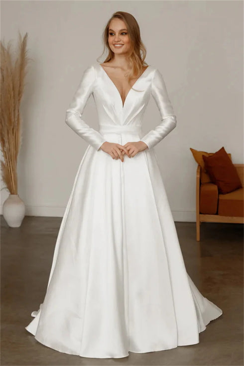 Satin A-Line Long Sleeve Wedding Dress With V-Neck And Lace Up Back, Custom Made Bridal Gown