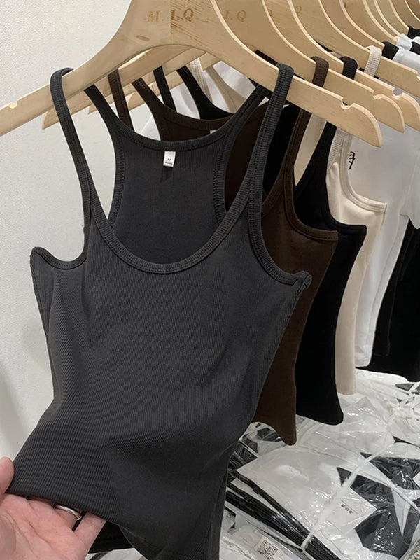 Solid Color Ribbed Knitted Tank Top Women Sleeveless Camis Vintage Streetwear Soft Cotton Tops