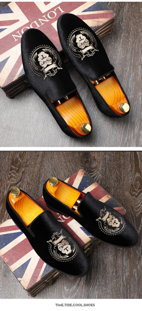 Luxury Pointed Toe Velvet Loafers for Men - Elegant Casual and Formal Dress Footwear with Embroidery Details for Weddings and Special Occasions