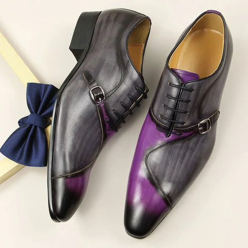 Handmade Leather Oxford Shoes with Metal Buckle - Gray Purple Business Formal Attire