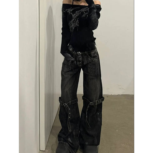 Wide Leg Black Women's Jeans High Waist Streetwear Fashion Pants - Trendy Hip Hop Denim Trouser for Fall Outfits with Jeans and Wide Leg Jeans Outfit Inspo