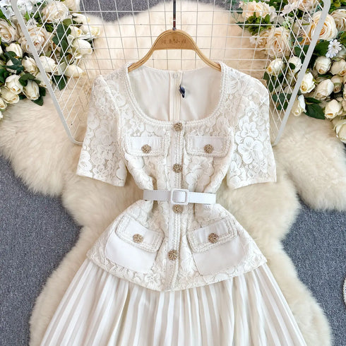 Runway Spring Pleated Chiffon Lace Party Long Dress Midi Dresses