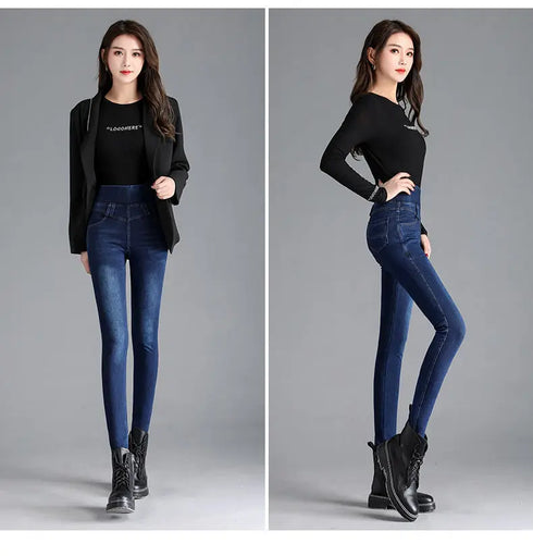 Korean Casual Plus Size Skinny Denim Jeans for Women - High Waist Pencil Pants Perfect for Spring and Autumn Streetwear, Featuring Pockets and Slight Stretch - Ideal for Stylish Fall Outfits with Jeans