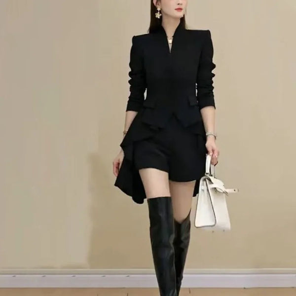 Elegant Women's Dresses Sets for Autumn and Winter V-neck Long Sleeved Robe Casual Solid Color Outfit