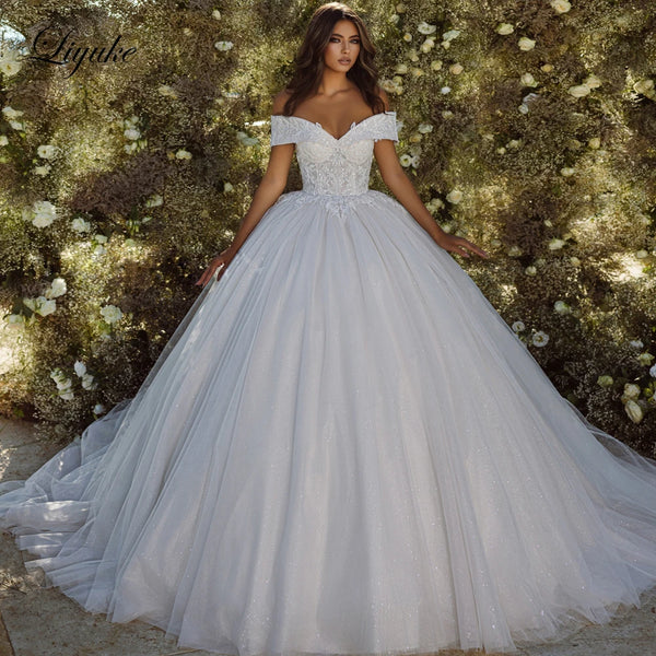 Liyuke Elegant Princess Ball Gown Wedding Dresses With Beading Appliques Lace Off Shoulder For Brides