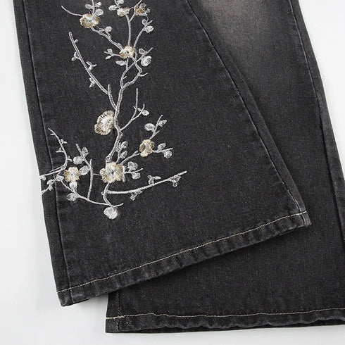 Floral Embroidery Vintage Low Rise Flared Jeans Women