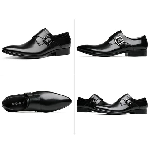 Elegant Men's Leather Dress Shoes for Formal Occasions - Stylish Brogue Loafers with Buckle Strap and Pointed Toe for Weddings and Autumn Events