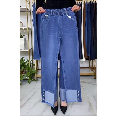 Elastic Waist Jeans For Women High Waist Wide Leg Denim Pants Loose Fit Casual Trousers