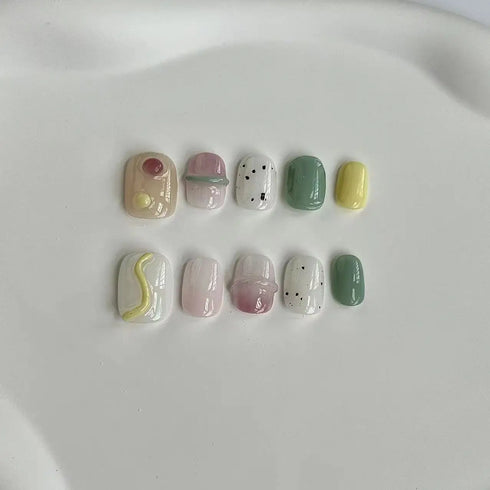 10 Pcs Adorable Handmade Press-On Nails - Reusable Cute Acrylic Nail Tips for Y2K Girls - Short Full Nail Art Design