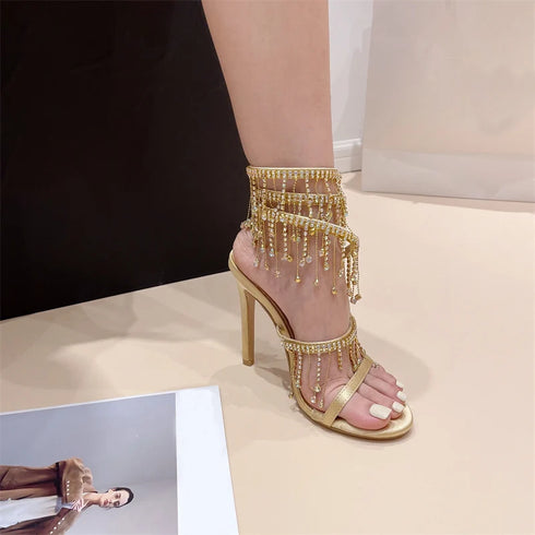 Elegant Crystal Tassel Stiletto Sandals Women Heels