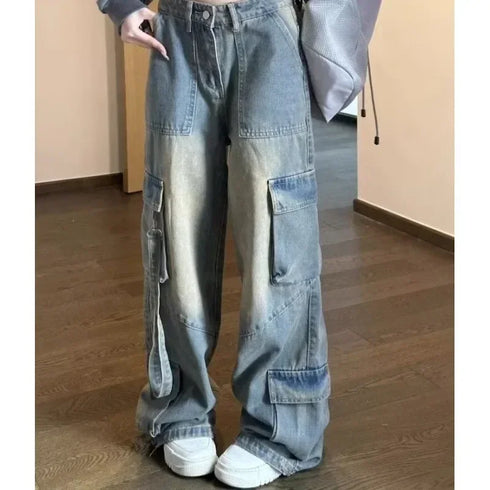 Female Jean Spliced Pockets Cargo Pants Distressed Denim Basics