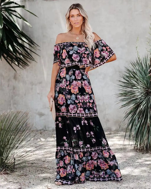 Elegant One-shoulder Short-sleeved Dress For Women Fashion Splicing Floral Print Dresses