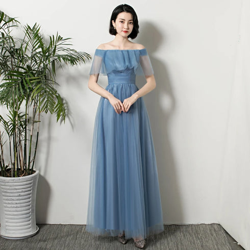 Bridesmaid Dress Elegant Ankle Length Tulle Ball Gown With Pleat Sash Built In Bra Prom Bridal Gown