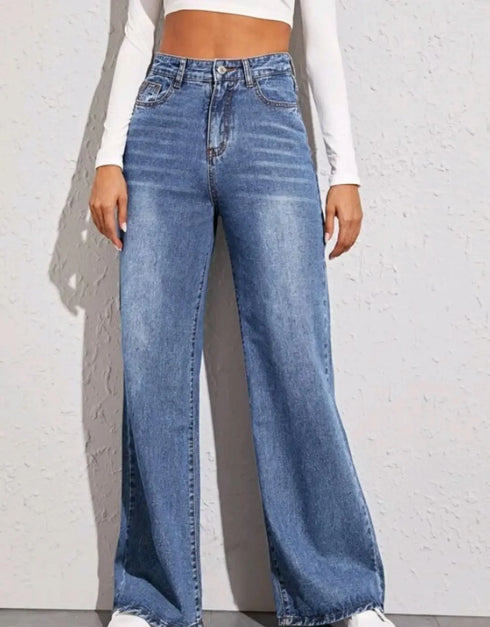 Blue Jeans for Women Wide Leg Denim Trousers High Waist Loose Elegant Pants