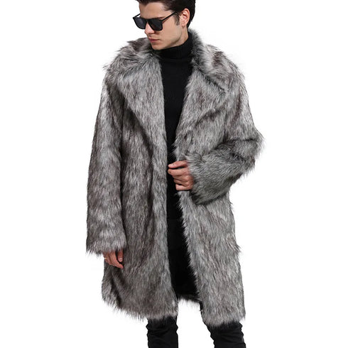 Men's Faux Fur Long Overcoat with Large Lapel for Autumn and Winter Fashion - Thick Turn-Down Collar Jacket for Daily Wear