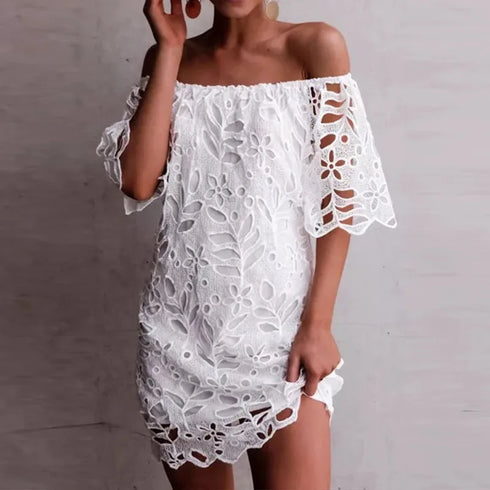 Summer Chic Off Shoulder Loose Dress Cute Sweet Style Girls Flower Lace Retro Vintage Cotton Blends Midi Dress