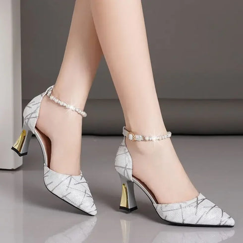 Beaded Pointed Toe Mary Jane Heels Sandals For Women
