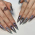 Punk Style Black Flame Love Heart Press On Nails with Butterfly and Star Charms - Long Pointed False Nail Art for Y2K Manicure and Parties