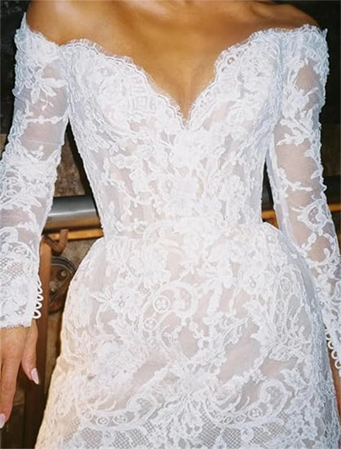 Full Lace Short Wedding Dresses For Bride Long Sleeve Gown
