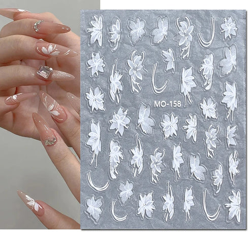5D Embossed Nail Art Stickers - Semi-Transparent White Bowknots Adhesive Sliders for Creative Manicure Decorations and Nail Art Accessories